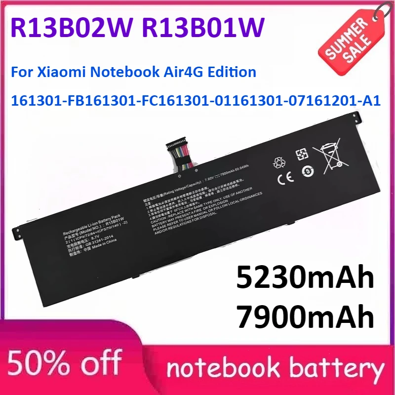 

R13B01W R13B02W 7900mAh 5230mAh for Xiaomi Notebook Air4G Edition 161301-FB161301-FC161301-01161301-07161201-A1