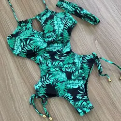 Green leaf print Cut Out One-Piece Swimsuit Women Sexy Backless String Adjust  Girls Beach Bathing Suit Swimwear