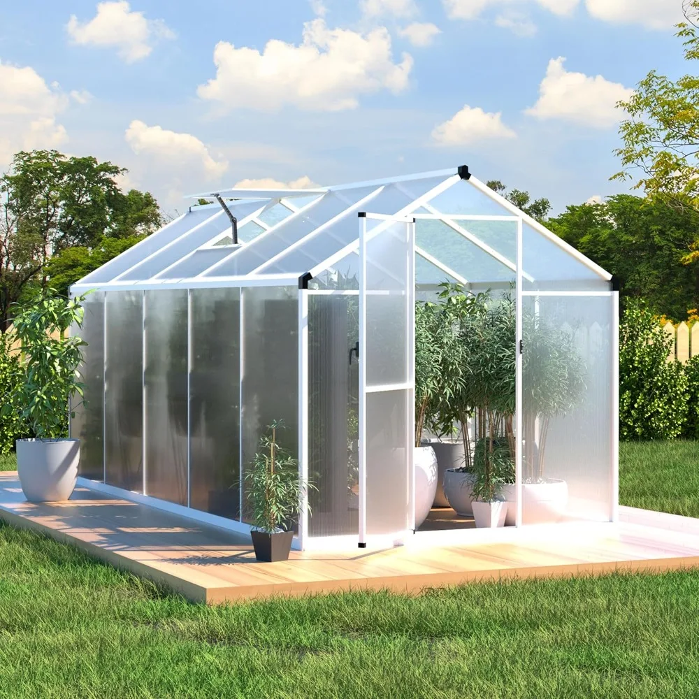 

6' x10' Double-Wall Polycarbonate Aluminum Greenhouse Kit for Outdoor, Walk-in Greenhouse with Lockable Door and Adjustable Roof