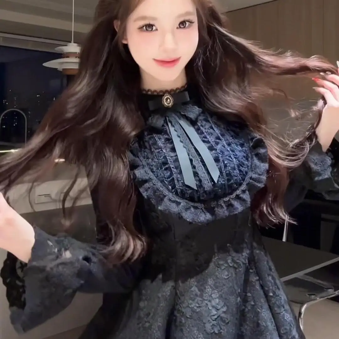 Princess Style Ribbon Tie Waist Long Sleeve Dress Women's Autumn Winter Design Sense Small Audience Fragrant Wind Dress