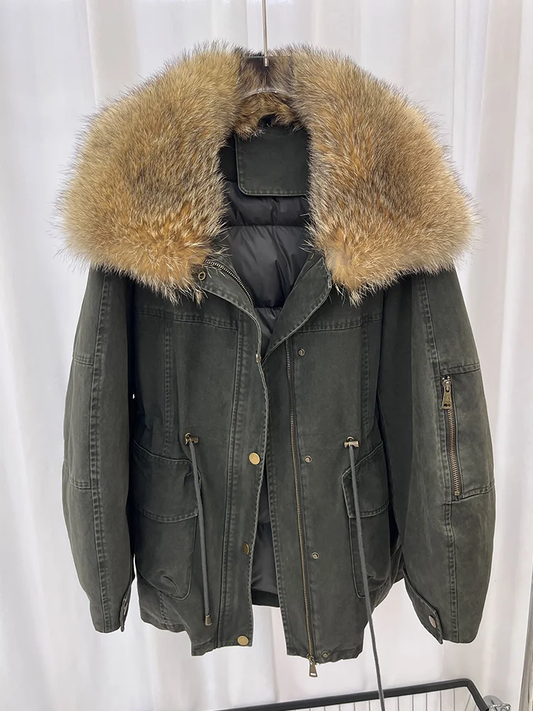 2025 New Winter Women Warm Natural Goose Down Jacket Real Fox Fur Collar Coat Min-length Luxury Thick Outwear Female Coat