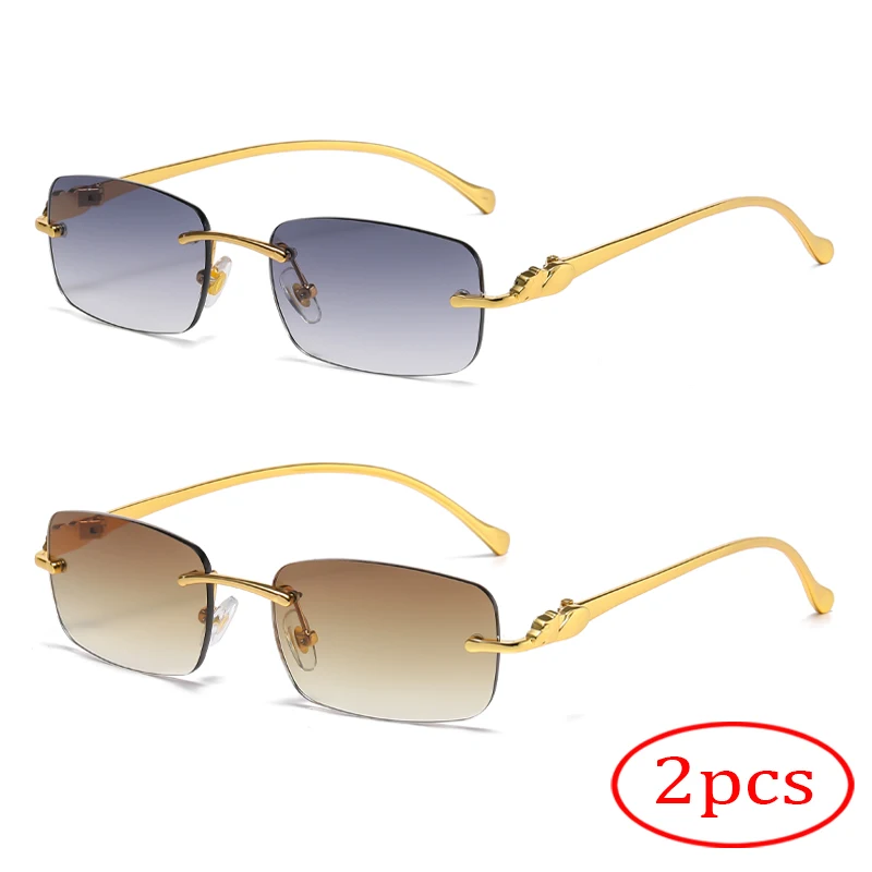 2 قطعة نظارات شمسية مربعة عصرية بدون إطار للرجال والنساء نظارات شمسية معدنية فاخرة للسفر والقيادة