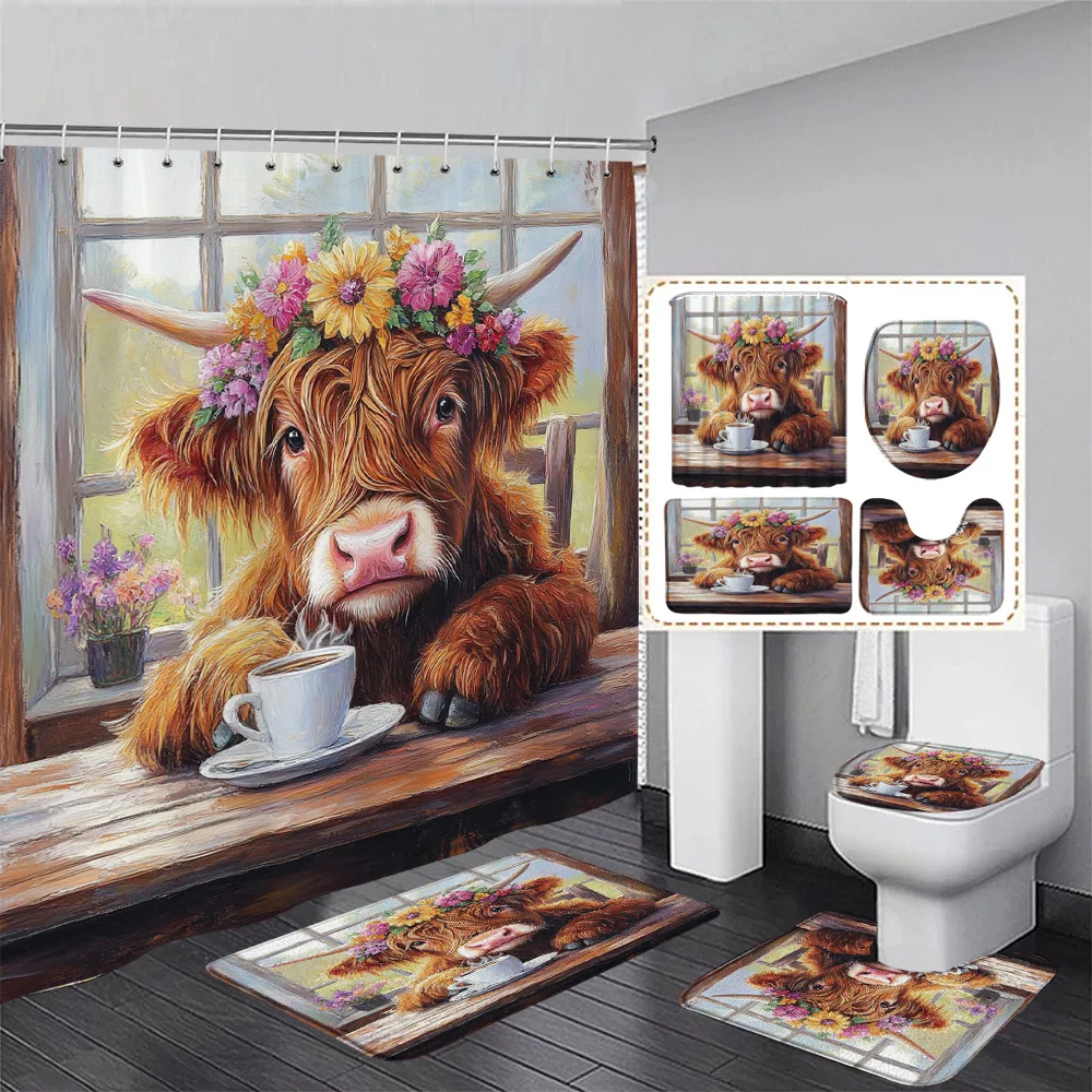 Highland Cattle Shower Curtain Set Funny Farm Animal Rustic Sunflower Floral Home Bathroom Decor Bath Mats Toilet Lid Cover