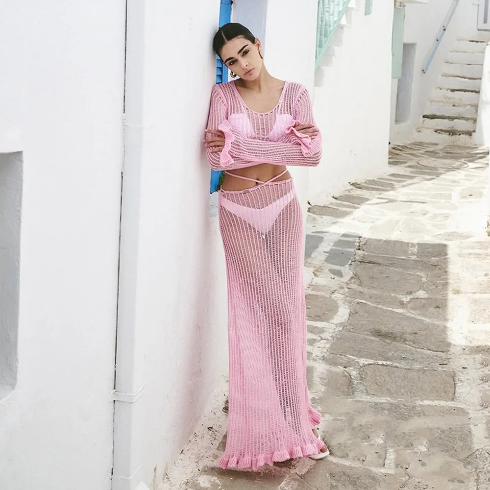 Beach Vaion Sle Sexy Hollow out Lotus  Knitted Bikini Swimsuit Cover up Skirt Faionable Summer Ensemble