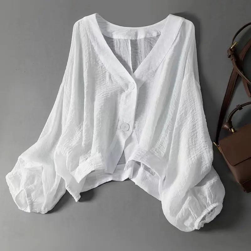 

2026 Summer New Casual Shirt Women Loose Thin Long Sleeved Blouse V-neck Single Breasted Commute Elegant Women Top