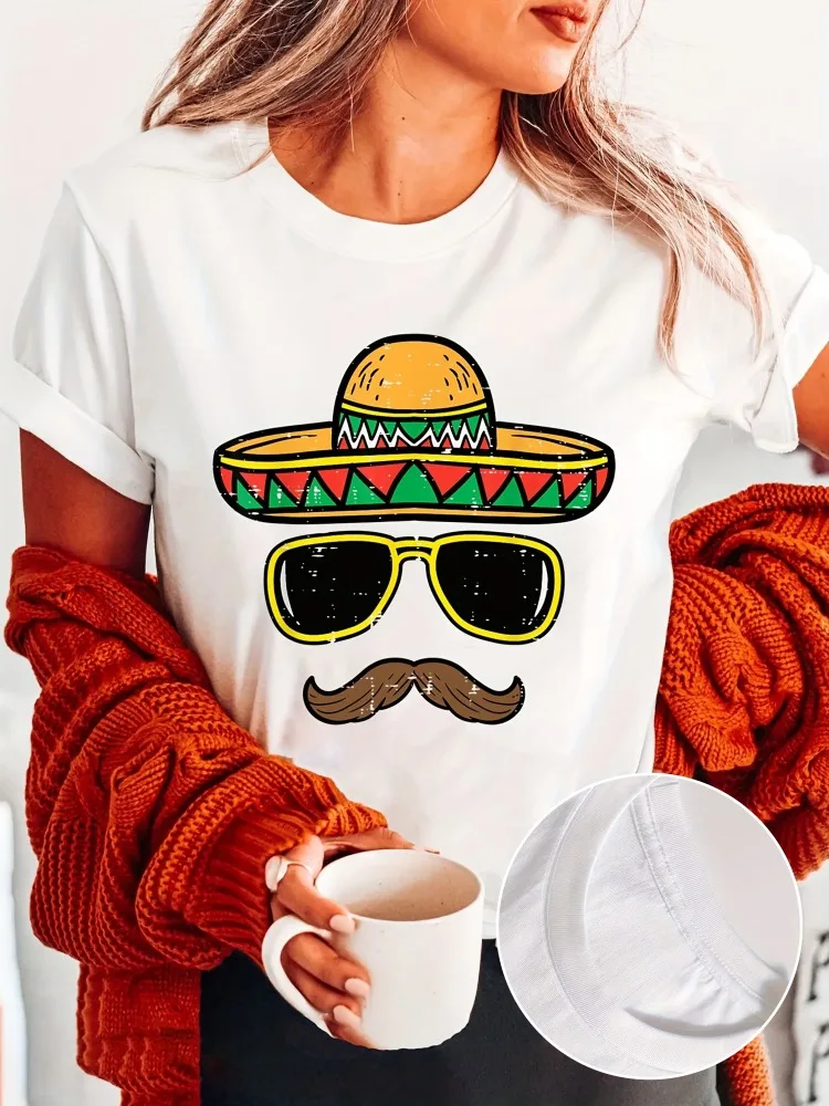 

Mexican Hat Print Crew Neck T-Shirt Stylish and Comfortable Spring, Summer, and Fall Short-Sleeve Casual Top Women's Apparel