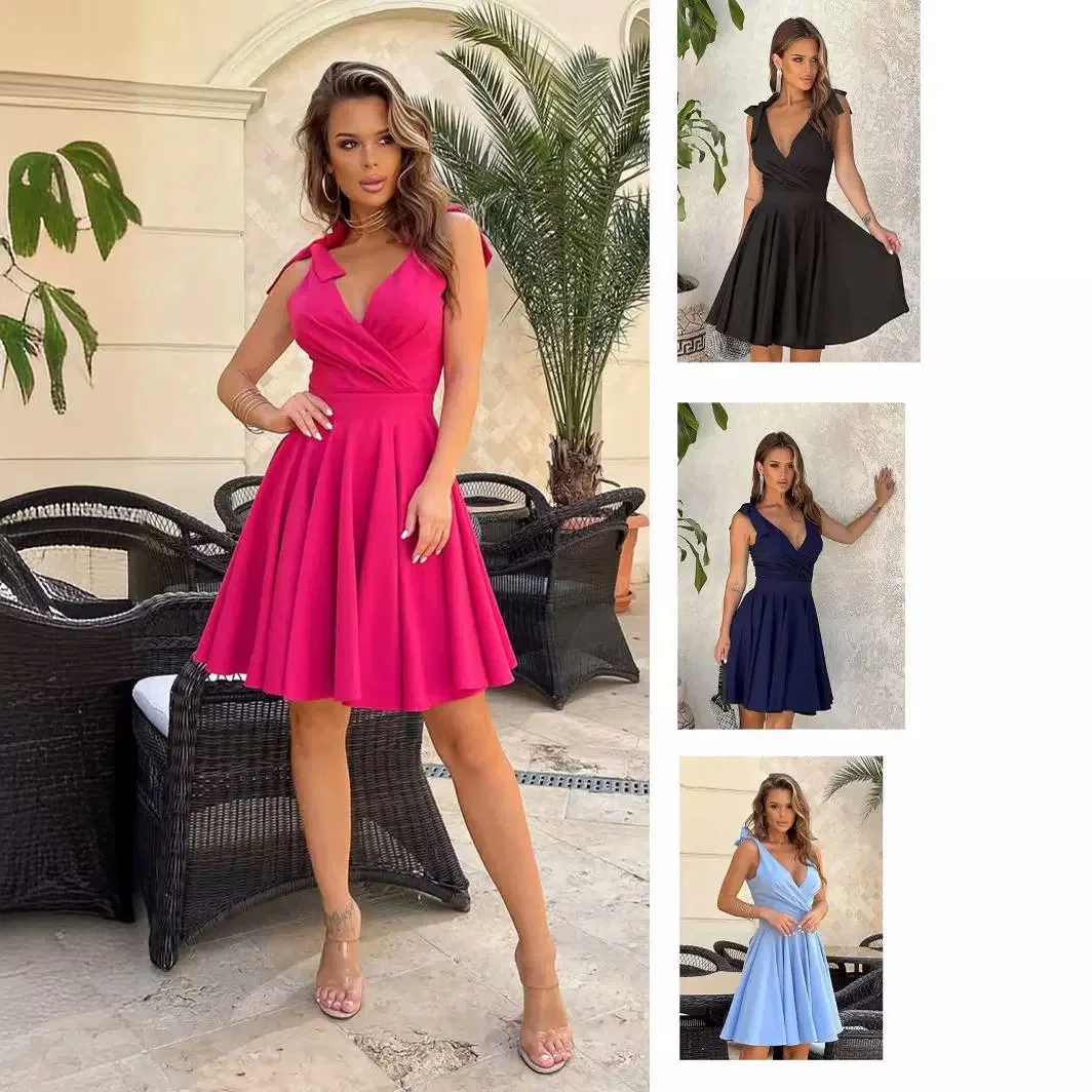 Summer Women's Fashion Shoulder Strap Bow Dress V-neck Sling Strap Open Back Casual Dress Elegant Solid Color Waist Tie Dress