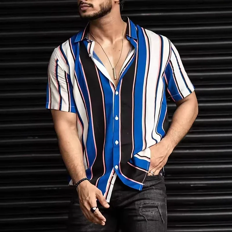 

Summer Casual Fashion Turn-down Collar Button-up Men's Short Sleeve Shirt Tops Classic 3D Striped Printing Pattern Men Clothing