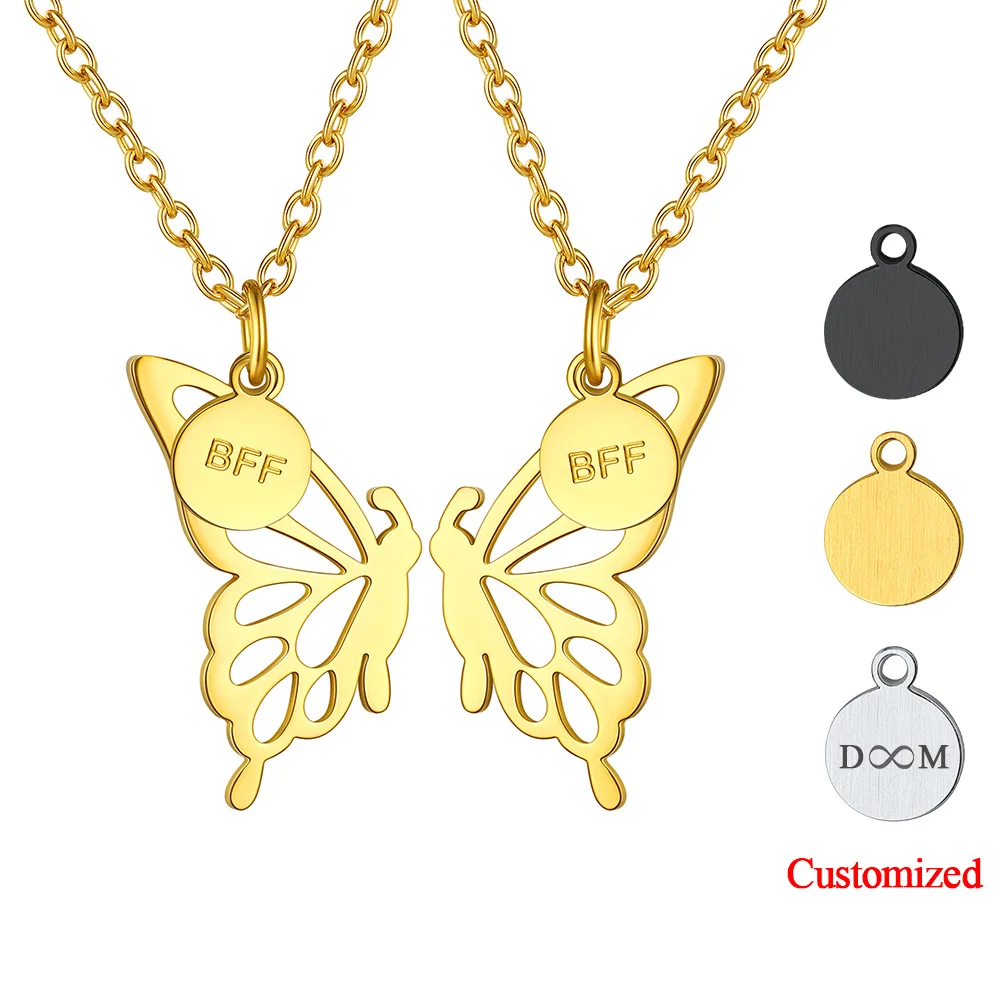 U7 Customized Stainless Steel 2pcs/set Matching Puzzles Butterfly Necklaces Personalized Mother Daughter Couple BFF Jewelry Gift