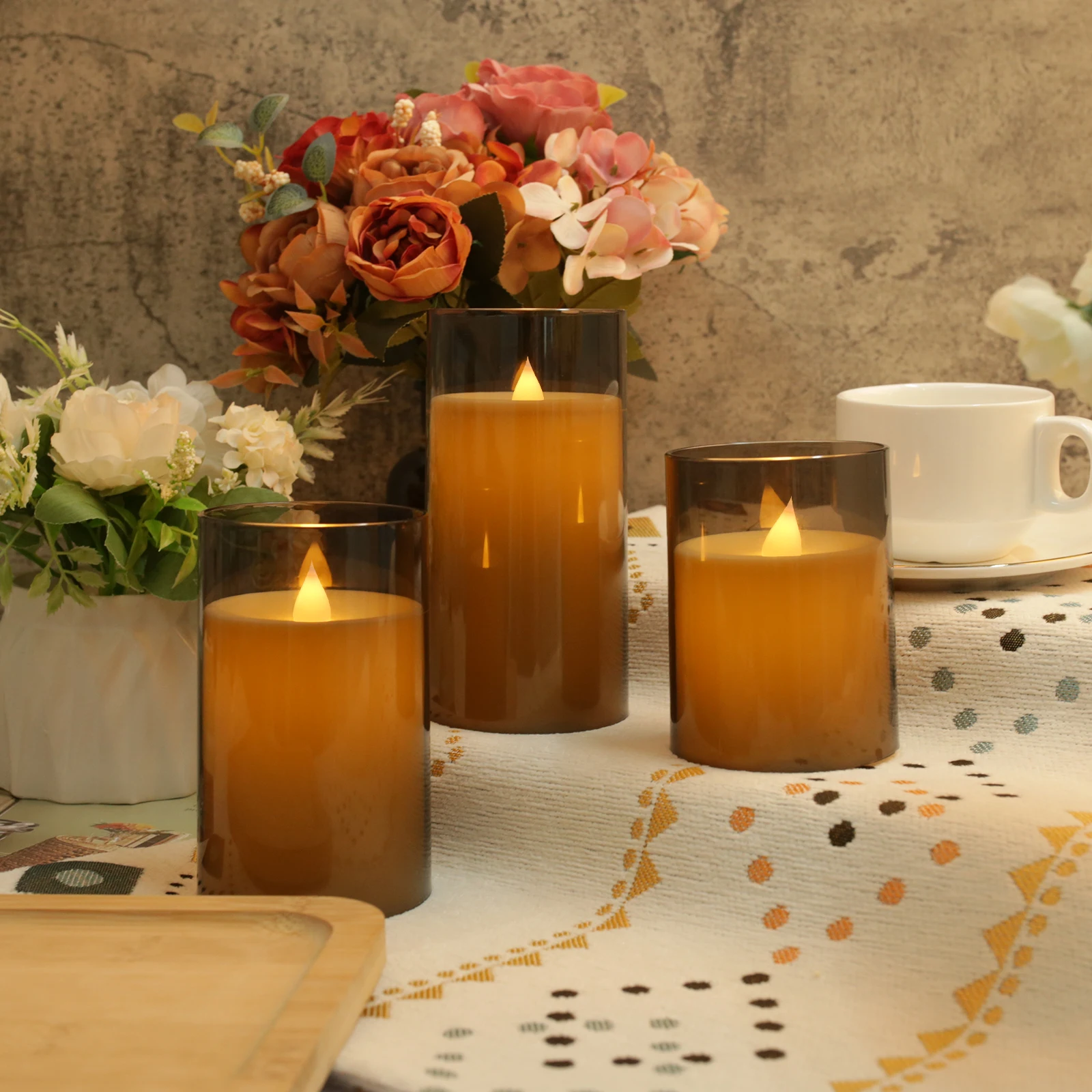 Set di 3 candele a colonna in vetro senza fiamma, set di 3 luci a LED tremolanti realistiche, telecomando e timer, ideale per la casa, il soggiorno, la camera da letto, le vacanze