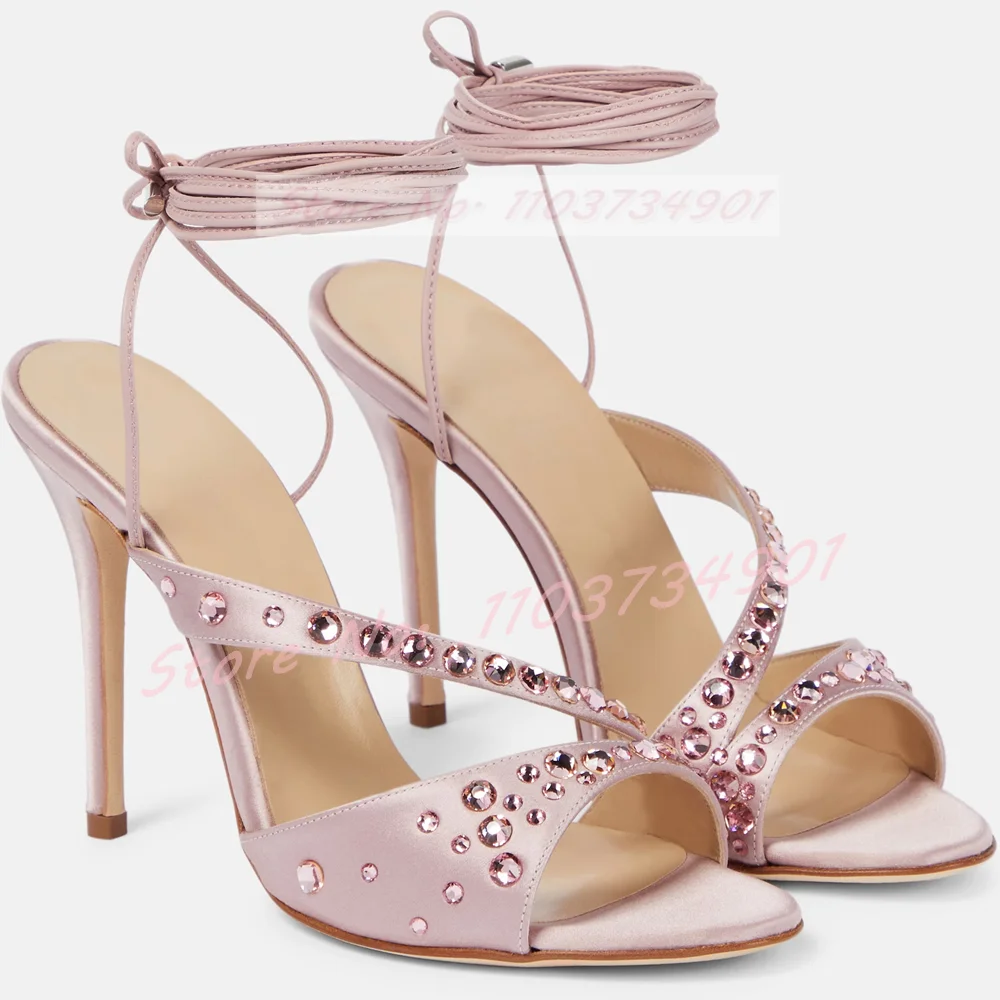 

Crystals Satin Cross Strap Elegant Sandals Female Luxury Round Toe Stiletto High Heels Shoes Lady Sexy Party Big Size Sandals