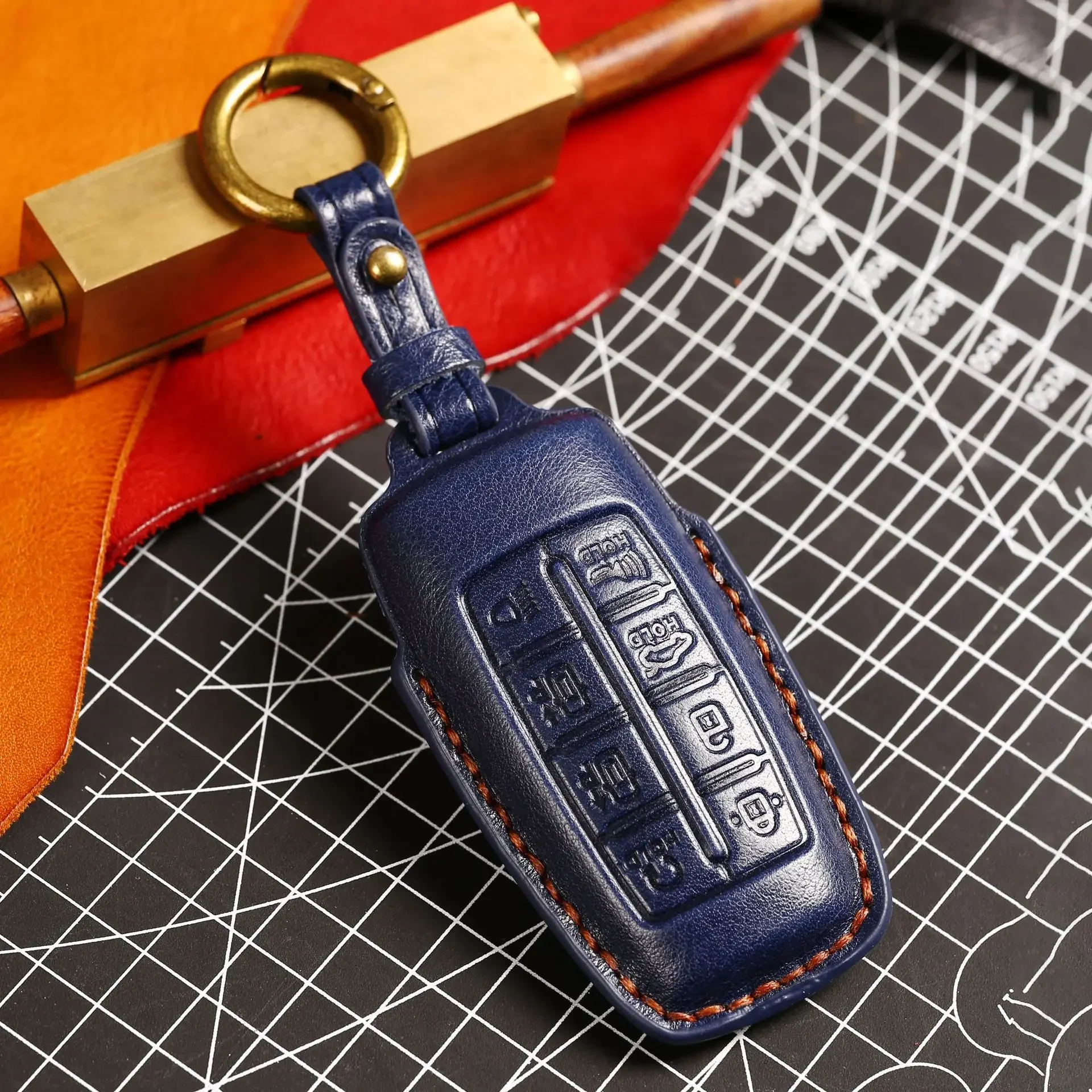 

1pc Luxury Car Key Case Cover Fob Leather Bag Keychain Holder Accessories For Hyundai Genesis 8 Button G80 Gv70 Gv80 Gv90