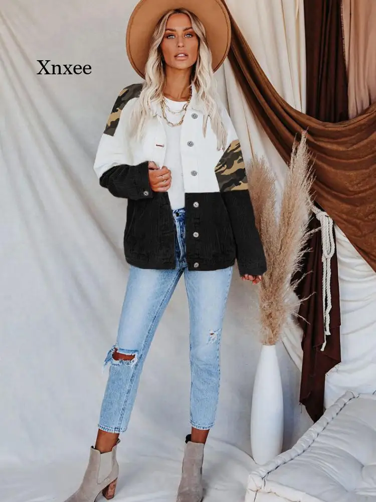 2021 Women's Fashion Jacket Denim Corduroy Stitching Stitching Jacket Lapel Retro Cowgirl Jacket Jacket