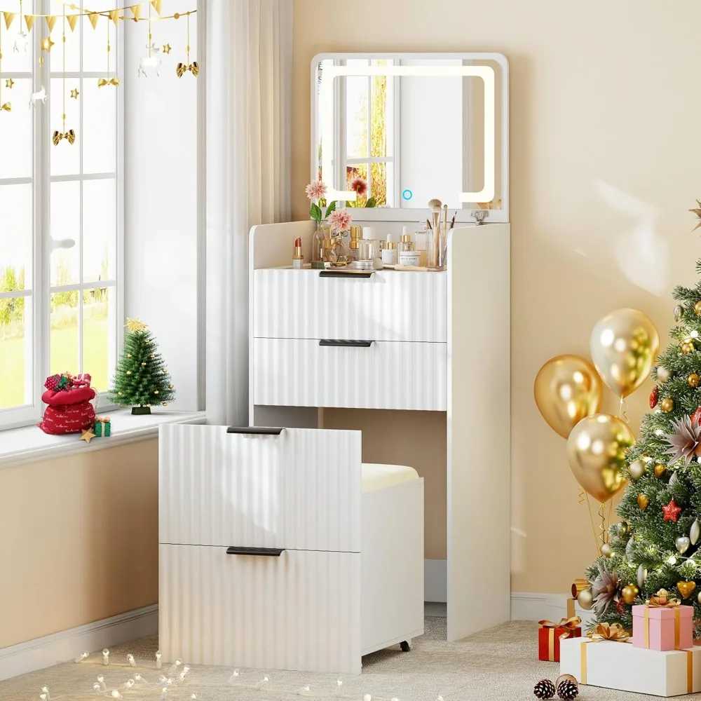 Small Fluted Vanity Desk with Mirror and Lights, 3-in-1 Compact Makeup Vanity Set with Hidden Storage Stool, Mini Dressing Tabl