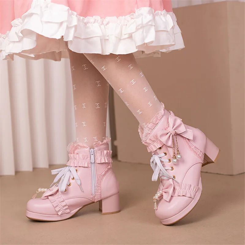 Lolita Girls Winter Boots Women Lace Bowknot Ladies Cosplay Party Wedding Shoes Princess Platform Girls Heels Ankle Boots 28-43