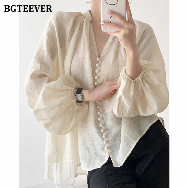 BGTEEVER Casual V-neck Loose Lace-up Women Shirts Tops Spring Autumn Stylish Lantern Sleeve Cotton Linen Women Blouses