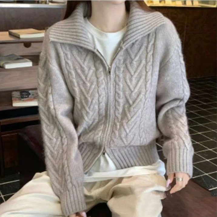 

autumn winter Women zipper Knitted Cardigan casual loose solid thicken Sweater korean Long sleeve gray Short coats Tops Sweaters