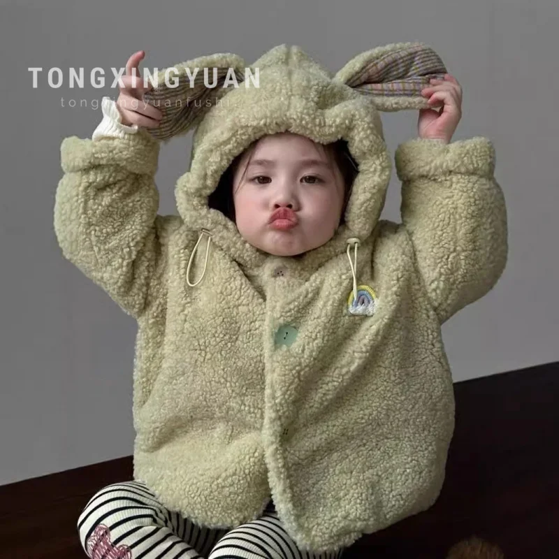 

South Korea Children's Clothing Deep Autumn and Winter Girls' Lambswool Embroidered Three-Dimensional Ear Hooded Coat & Trousers