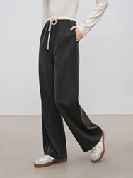 ZIQIAO 4.6% Wool 76.5% Cotton Straight Chic Long Pants for Women 2024 Winter New Design High Waist Warm Grey Pants 24ZQ94388