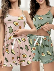 Four-piece Women's New style pajama set Avocado print halter top pleated hem shorts Casual loungewear