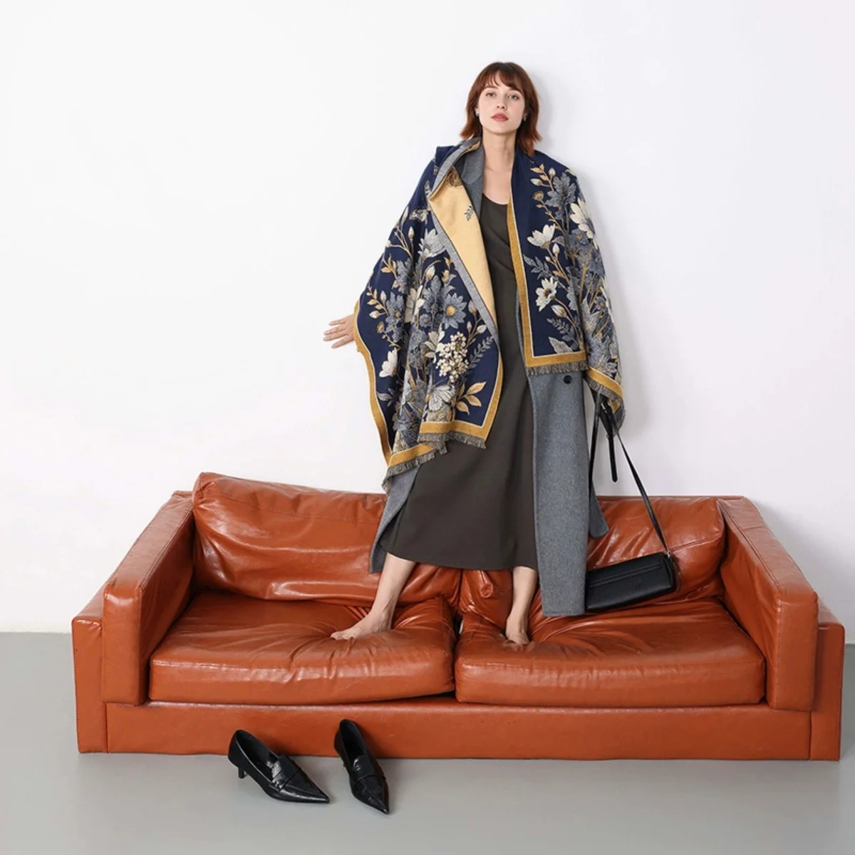 

Женская элегантная жаккардовая шаль из пашмины с цветочным принтом - зимний толстый теплый двусторонний шарф с кисточками, холодостойкий ветрозащитный шарф-одеяло