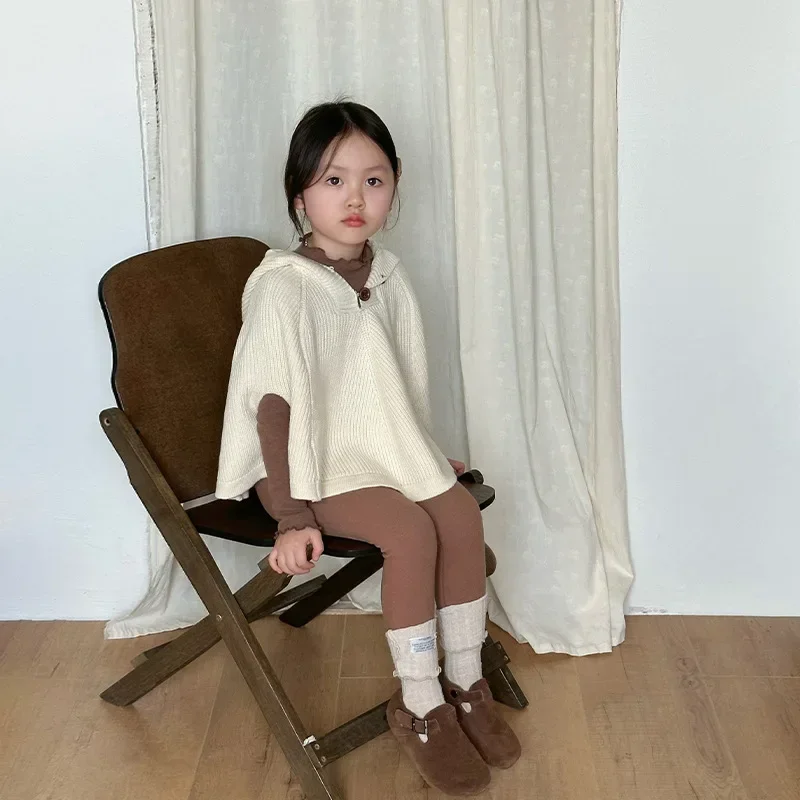 Childrens Clothing Girls Set 2024 Autumn New Item Childrens Korean Knitted Sweater Jacket T-shirt Leggings Three Piece Set