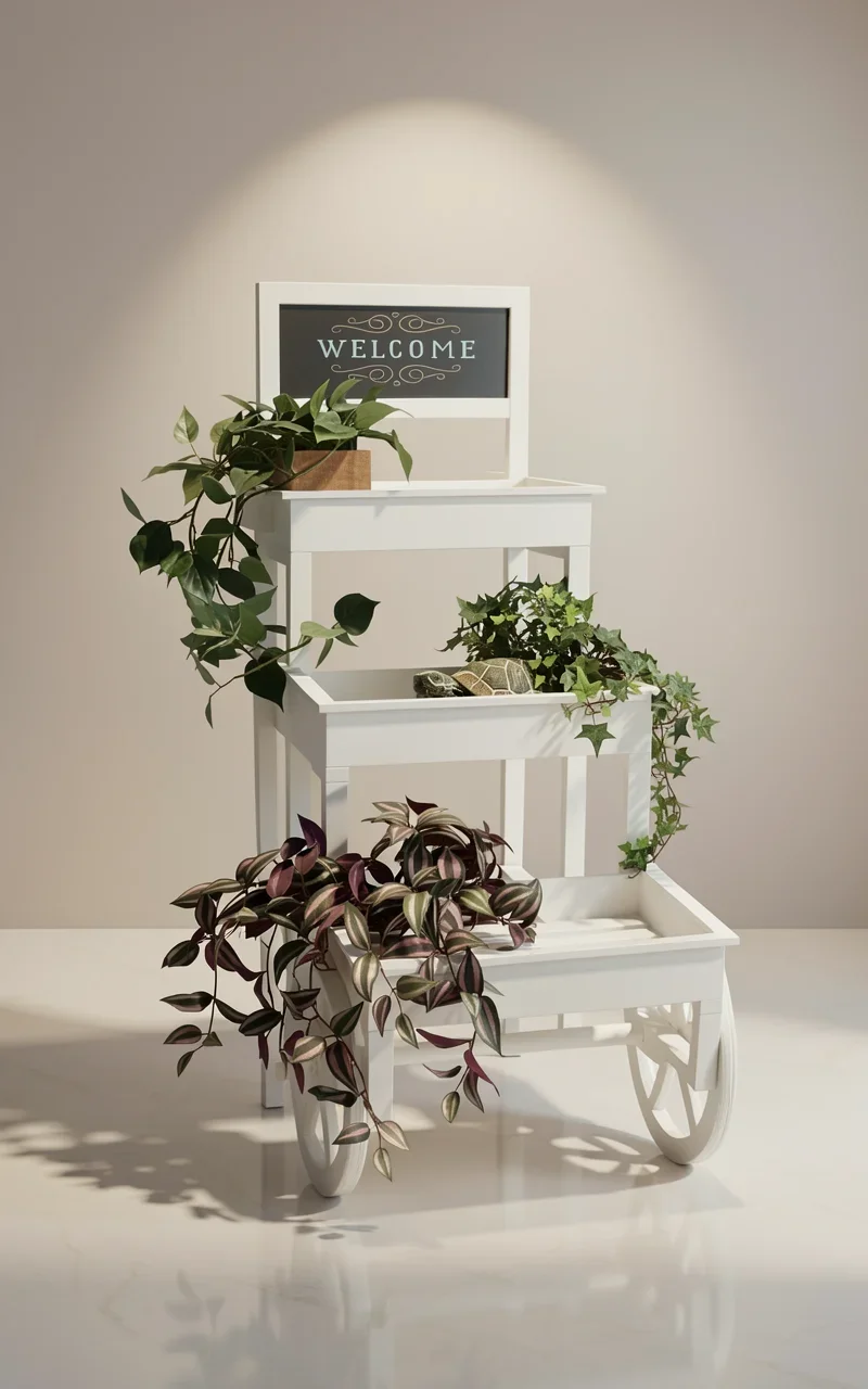 Sunnydaze 3-Tiered Flower Cart Display Stand with Wheels - Flower Display Stand or Planter - Wooden Cart with Chalkboard - White