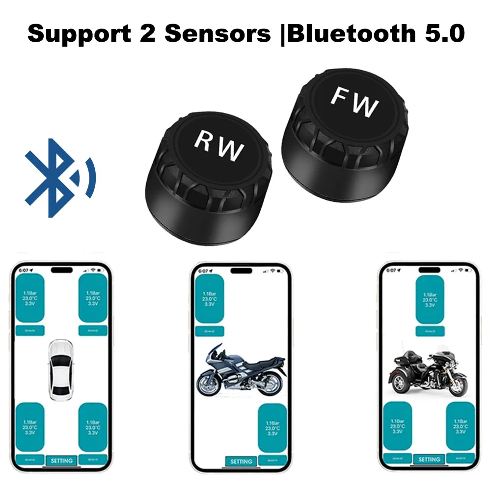 Motocyklowy bezprzewodowy system monitorowania ciśnienia w oponach TPMS Bluetooth5.0 IP67 Wodoodporny z 2 czujnikami zewnętrznymi Obsługa systemów Android/IOS