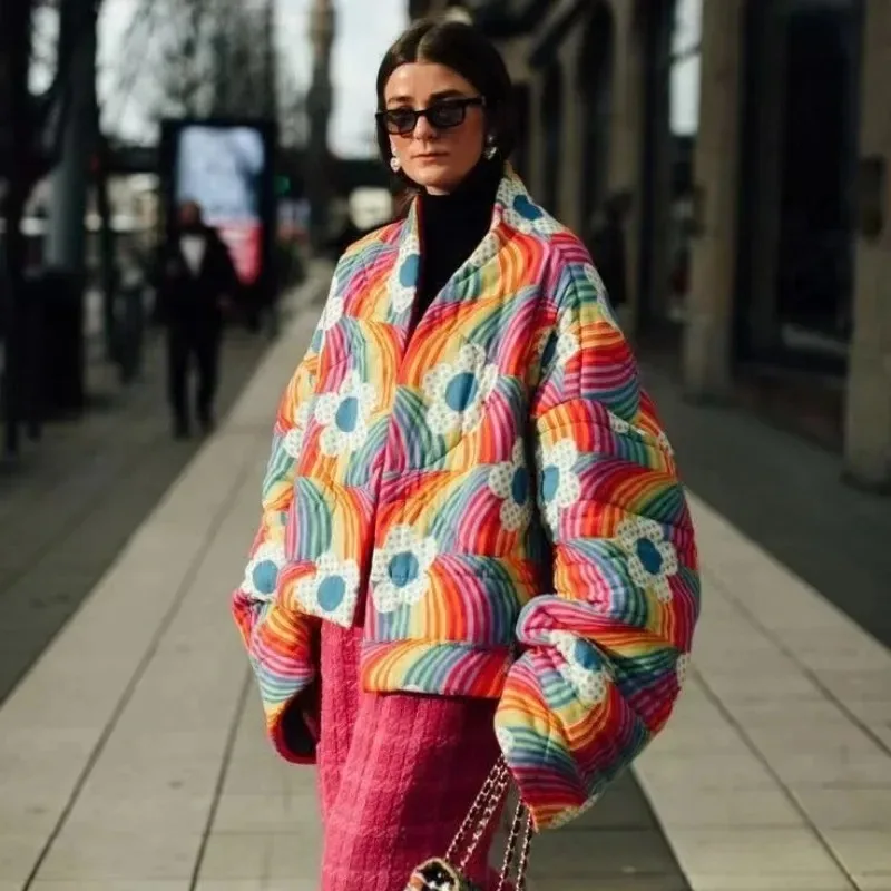 

2025 Winter New Product Women's Fashion and Casual Versatile Loose Cardigan Decoration Printed Cotton Coat