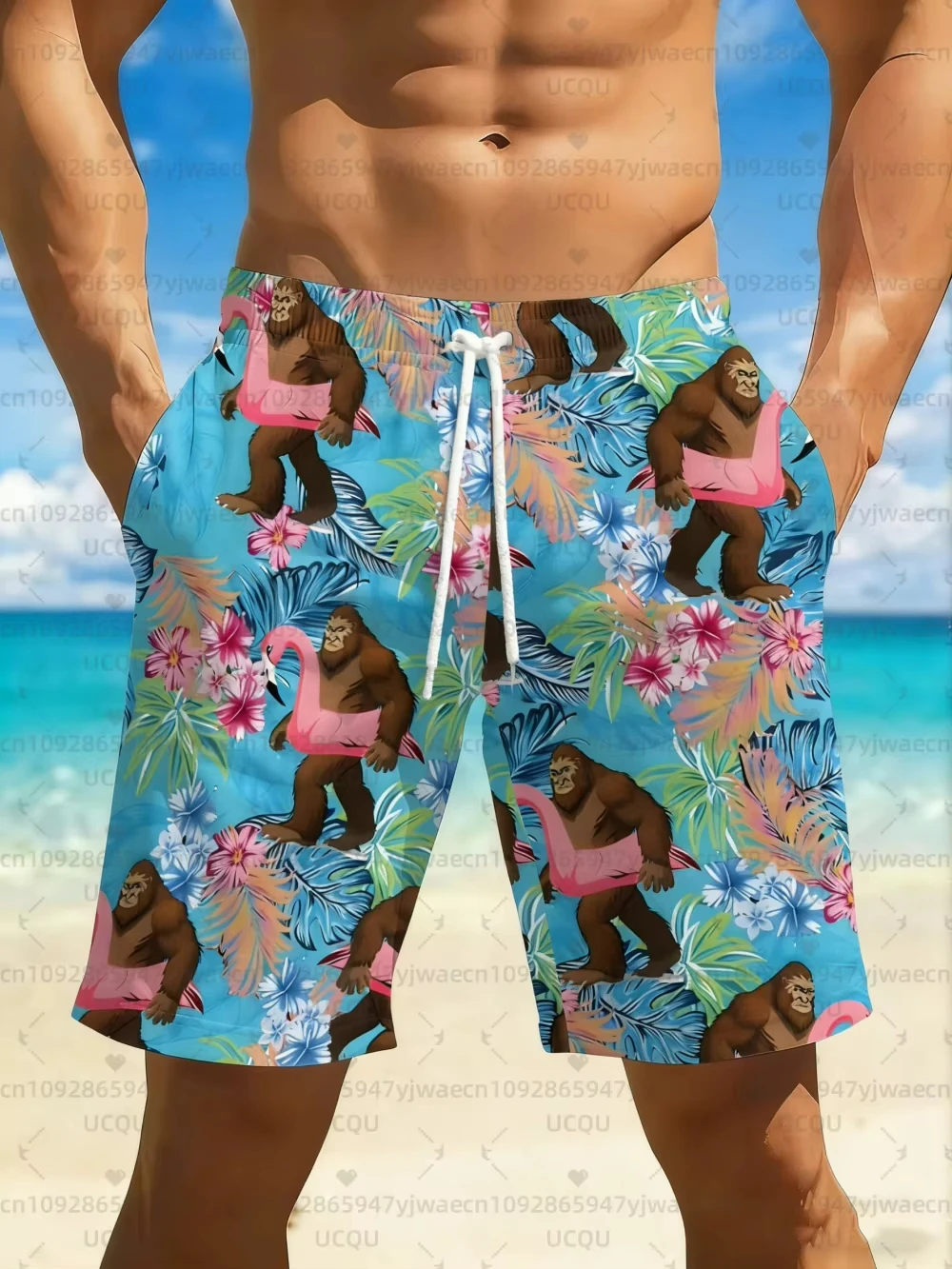 

Summer Men's Quick-Drying Beach Bigfoot Flamingo Pools Gyms and Outdoor Sport Shorts Printed Shorts for Beaches Swimming