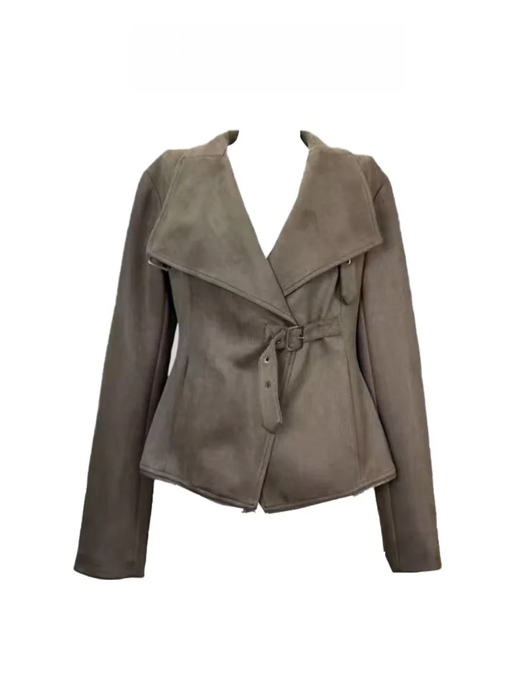 Retro americano camurça motocicleta jaet feminino primavera outono novo design gola grande elegância cintura cinch ort casaco