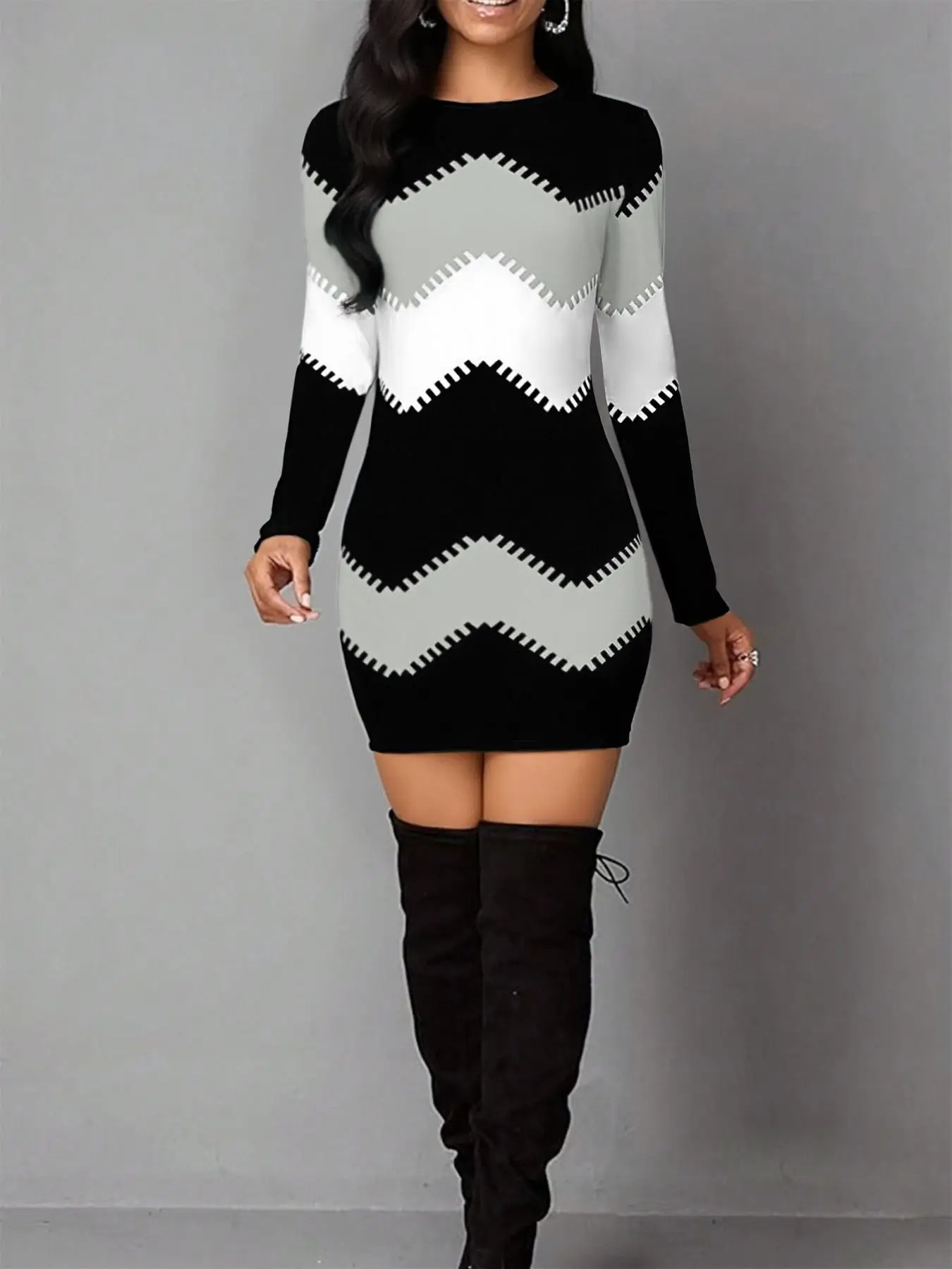 Women's Vintage Geometric Print Casual Long Sleeve Dress, Elastic Polyester Blend Mini Tight Fit, Perfect for Daily, Festival - view 3