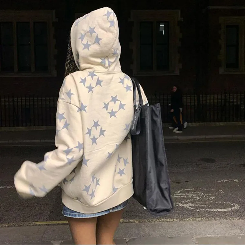 سترة بغطاء رأس كبيرة الحجم بسحاب للرجال والنساء ، جاكيت بغطاء رأس ، ملابس الشارع ، ملابس الحروف ، قوطية ، مطبوعة ، نجمة ، رسومات ، جرنج ، خريف ، Y2K