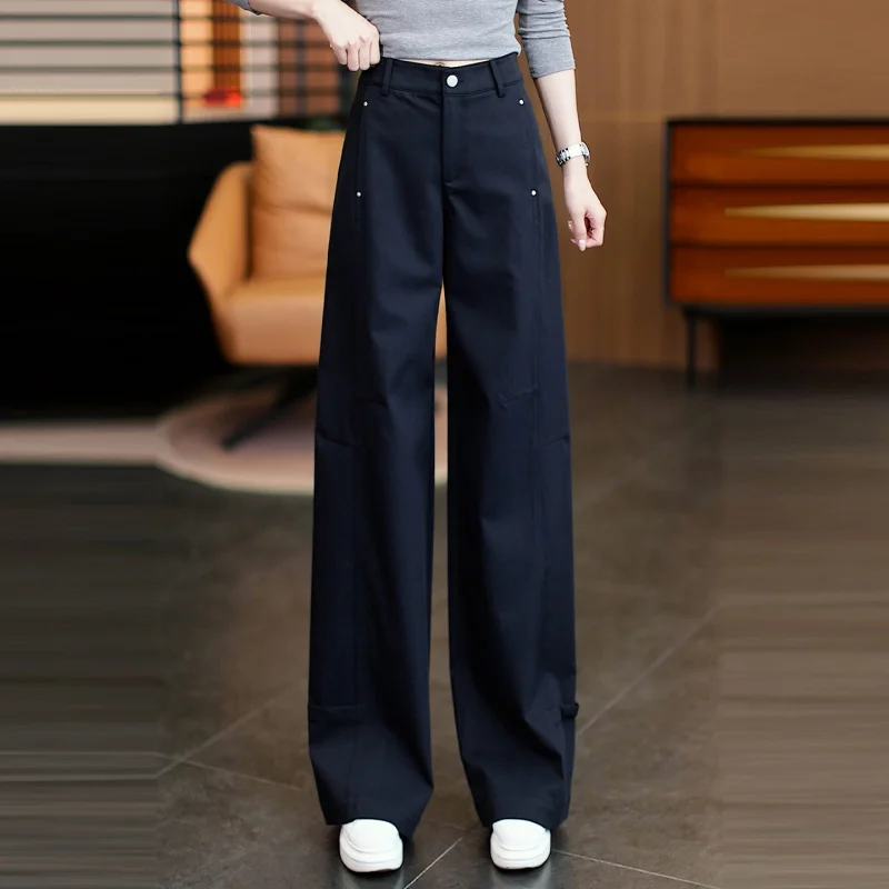 

Темно-синие модные джинсы для женщин, новые осенние широкие брюки Scimitar, свободные повседневные прямые брюки в стиле ретро