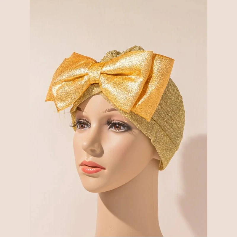 New Multi Coloured Bow Fashion Turban Hat Front Cross Large Bow Gold Silver Exaggerated Bow Shiny Sparkly Dazzling Party