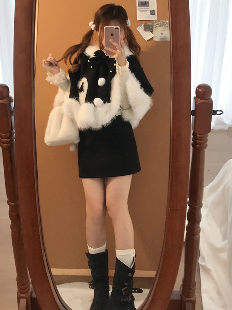 

Rebellious, милое зимнее японское пушистое пальто в стиле Лолиты Miss Rich, шерстяная юбка, комплект из двух предметов, женская мода