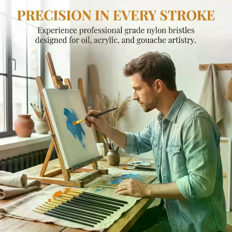 12pcs Nylon Flat Bristle Paint Brush Set for Watercolor Oil Acrylic Painting Arts and Crafts Tools for Kids Students Beginners
