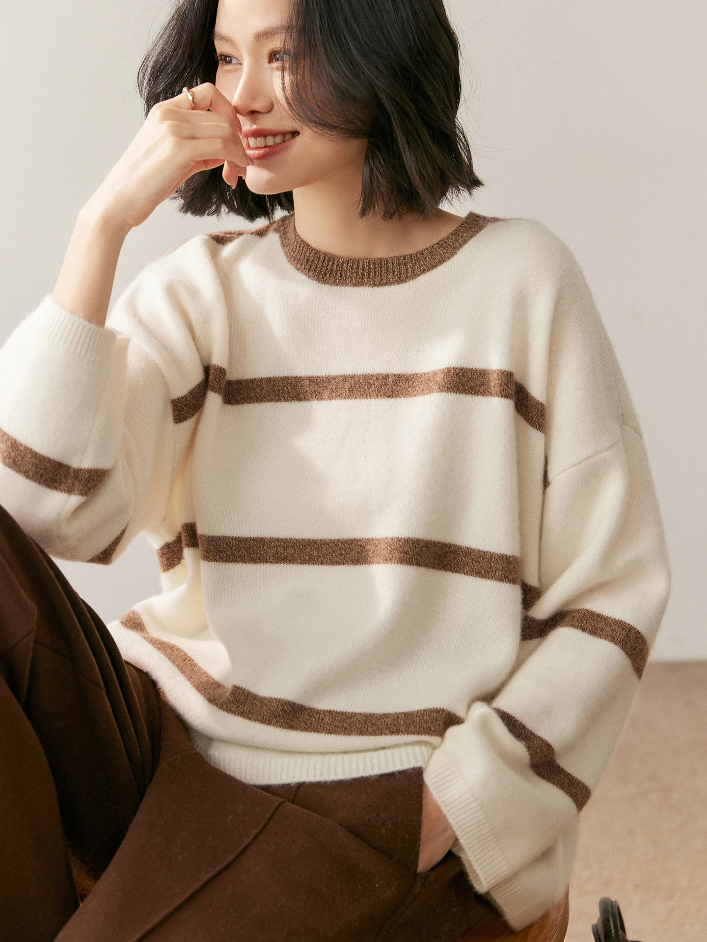 TLOML Women's O-neck Casual Loose Striped Pullover Sweater 100% Cashmere Knitwear Warm Lazy Comfy Design Autumn Winter Soft Tops