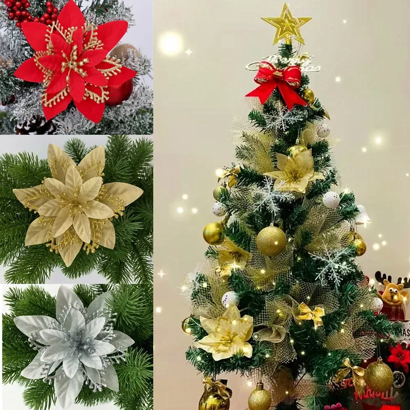 

5pcs 14cm Glitter Artificial Flowers, Faux Flowers, Fake Flower Heads for Christmas Tree Ornaments, DIY Wedding, Birthday, and H