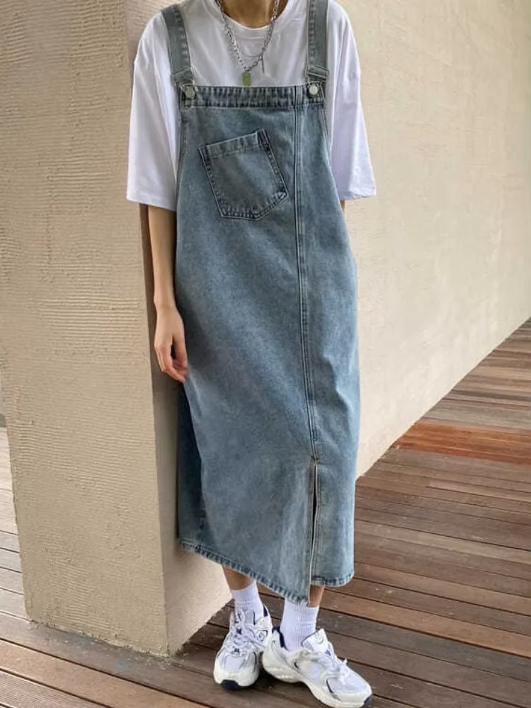 New Irregular Split Cowboy Denim Dress Women Sleeveless Jeans Dresses Fashion Female Solid  Casual Loose Strap Dresses