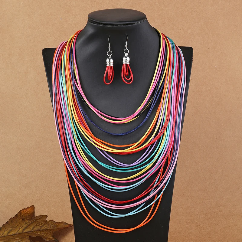 Colorful Multi-layer Leather Cord Wax Rope Chain Necklace Jewelry Set  For Women String Cord Necklace Earrings Set Jewelry Gifts