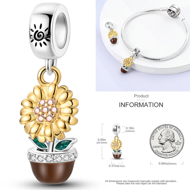 Katzen- und Sonnenblumen-Charm aus 925 Sterling Silber, gelbe Blume, Sonnenblume, Hausperlen, passend für Original-Armreifen, Damen-DIY-Schmuck – Detail 24