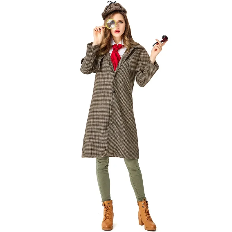 Major Detective Cosplay Costume British Style Checkered High Collar Coat for Women Halloween Outfit Game Uniform