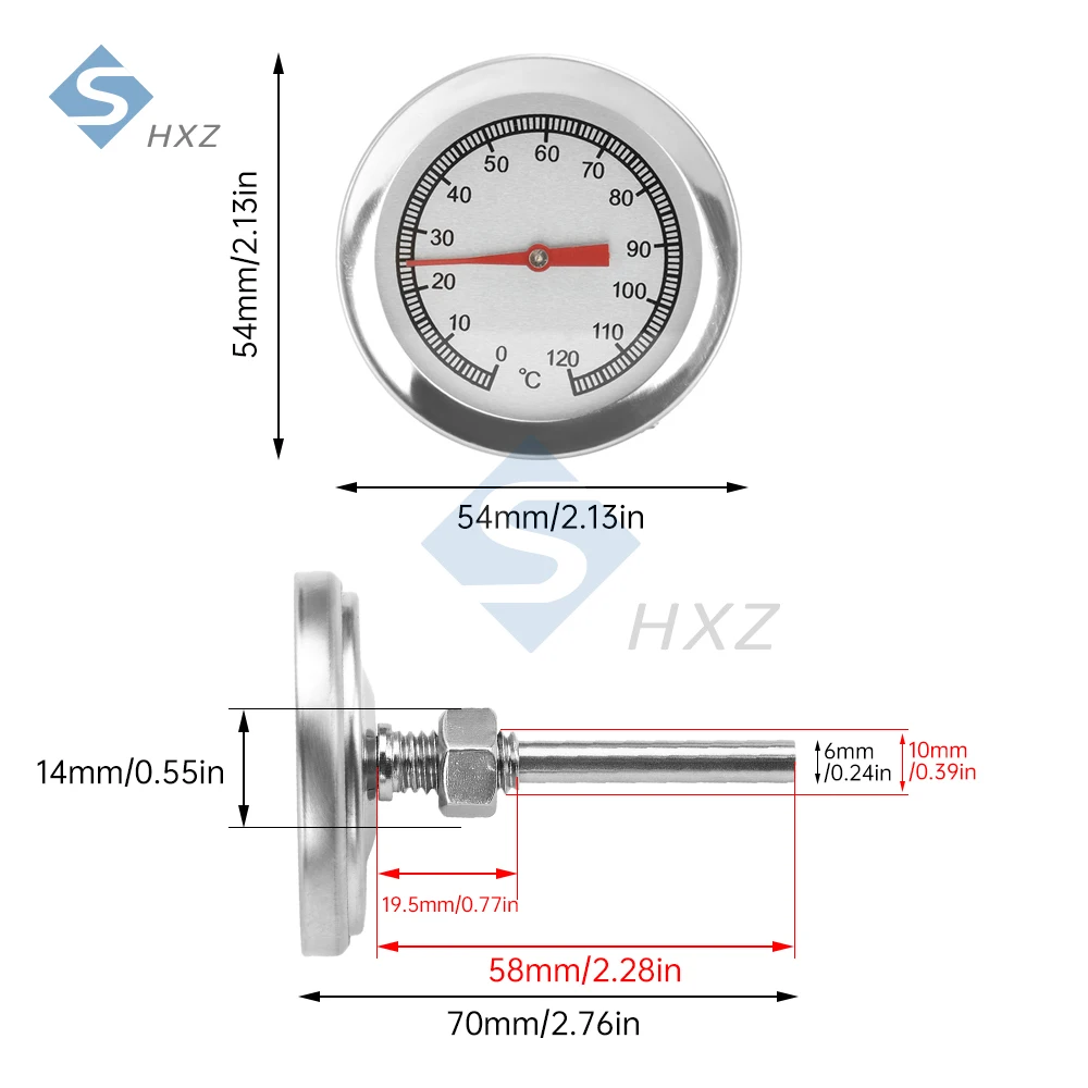 ميزان حرارة الشواية 0-500 ° ج/0-120 ° C التناظرية 52 مللي متر 54 مللي متر الطلب الكبير مقاومة للتآكل لا مقياس البطارية لفرن البيتزا شواء M8/M10