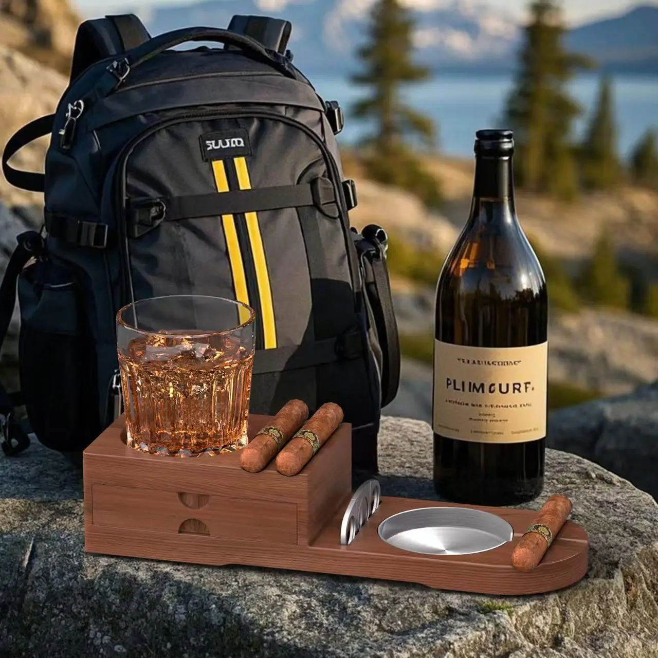 

Solid Wood Cigar Ashtray with Cigar Drawer Whiskey Cup Holder Cigar Box