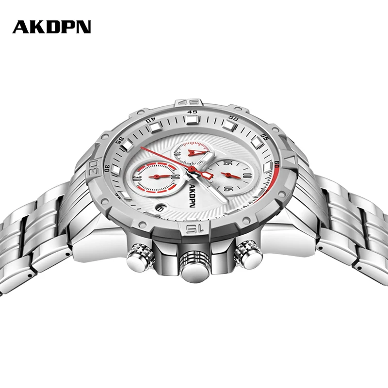 ساعات رجالية فاخرة جميع الصلب الأعمال ساعة كوارتز مقاوم للماء الأعمال الرياضة كرونوغراف ساعة مضيئة للرجال Relogio العسكرية