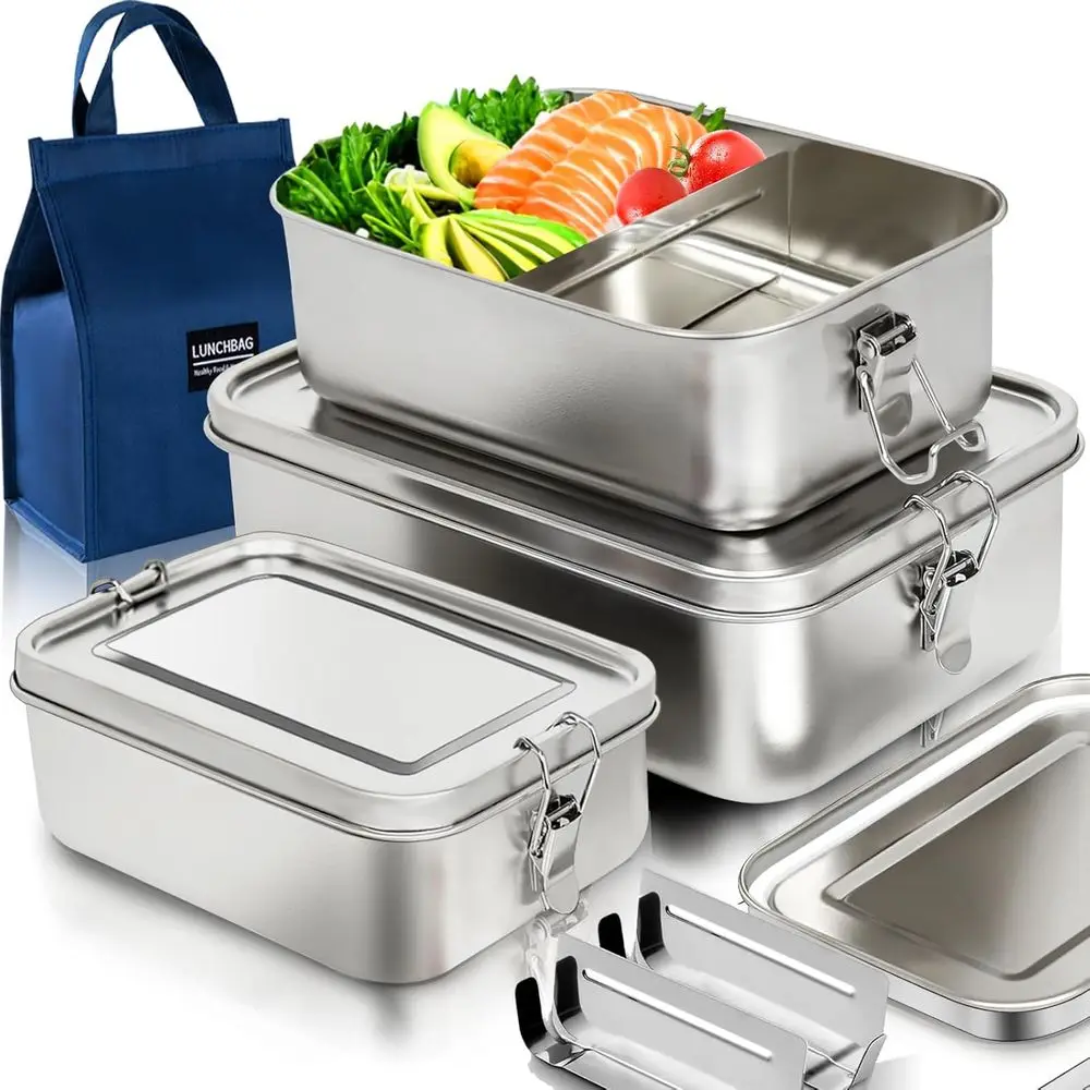 

Bento Box 3 Pack 304 Stainless Steel Lunch Box, Leak Proof Metal Lunch Box With Lids (81oz/47oz/29oz) Stainless With 3 Compartme