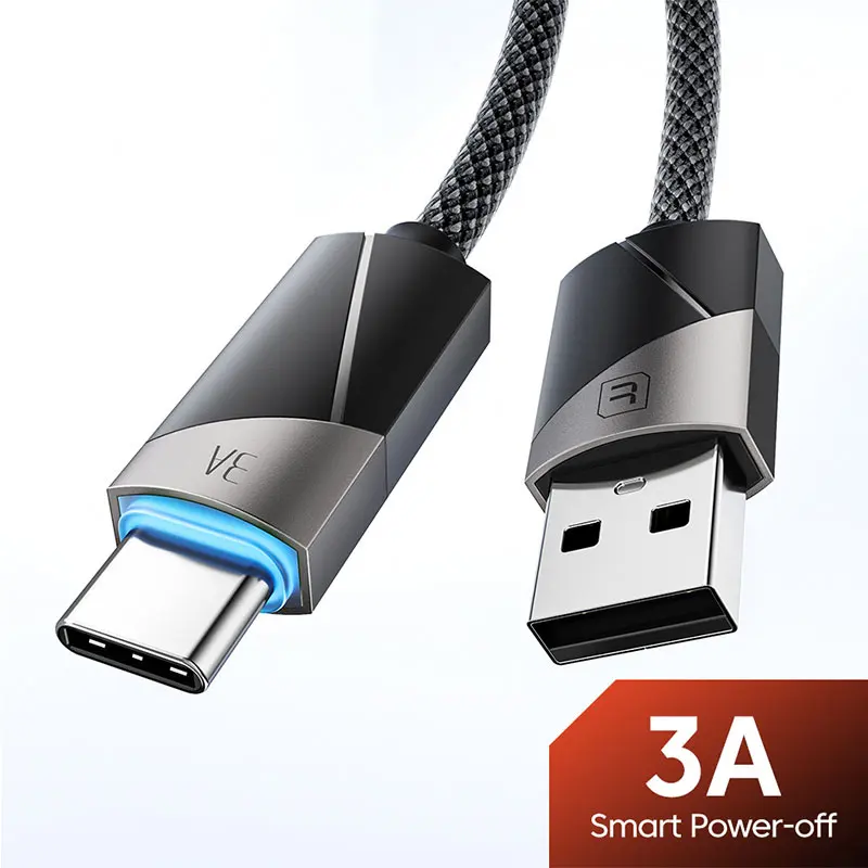 3A USB Type C Automatic Power-off Data Cable USB A To USB C Fast Charging Cable For iPhone 17 16 15 Xiaomi 17 Samsung S25 Huawei