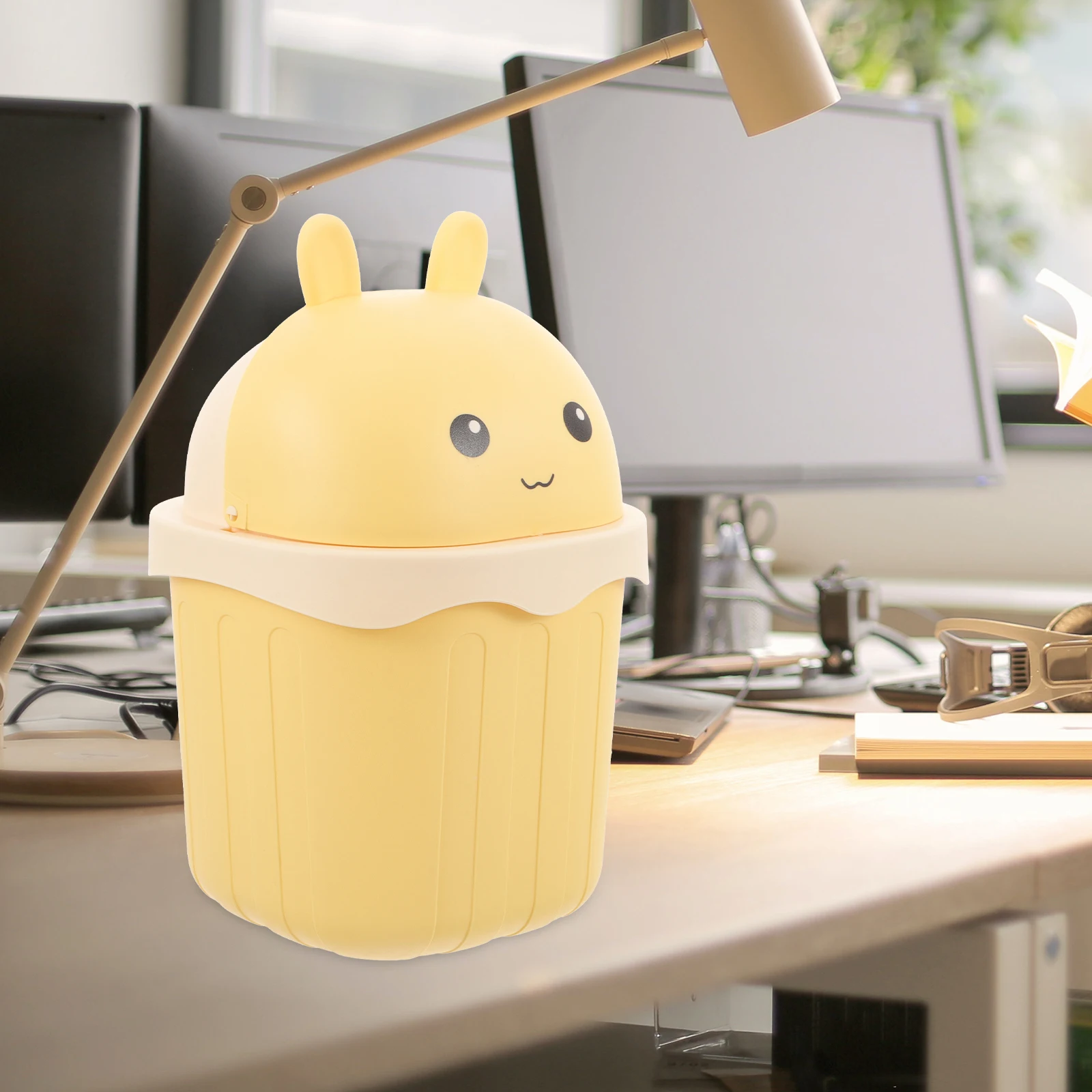 

Mini Trash Can Yellow Rabbit Cartoon Style Desk Bucket Waste Container with Lid Plastic Small Size Home Office Use for Desktop