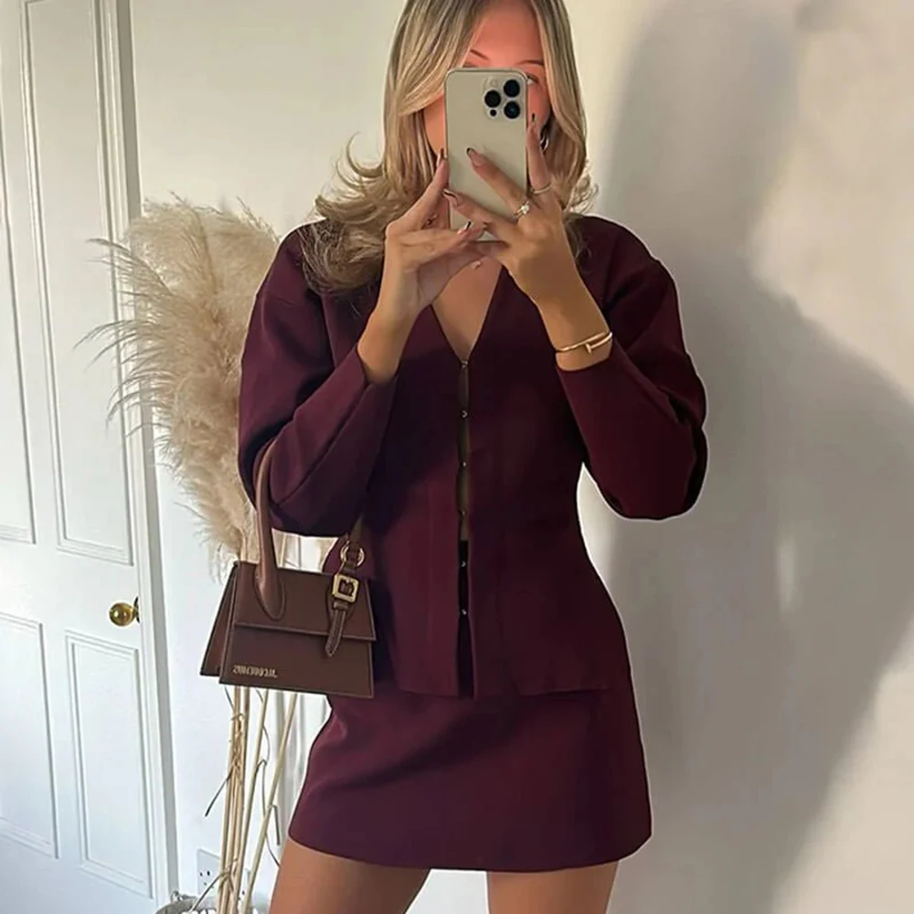 투울라로즈 브라운 드레스 세트 섹시한 브이넥 슬림 재킷 탑 솔리드 스커트 세트 가을 신상 출퇴근 스트리트웨어 여성 드레스 세트 의상